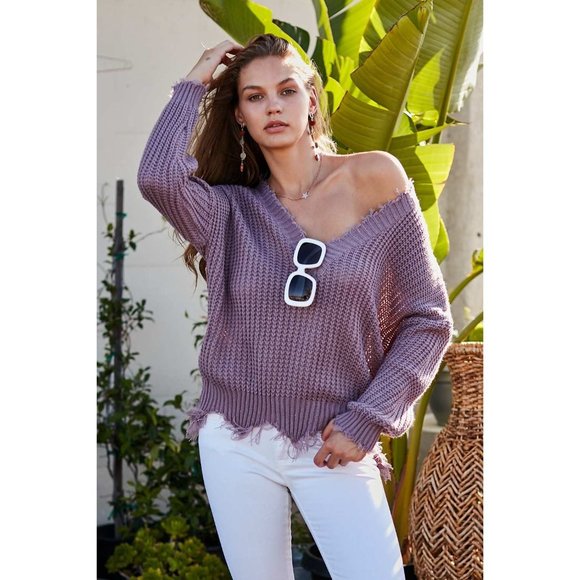 Main Strip Sweaters - Main Strip Frayed Sweater, Purple Ash